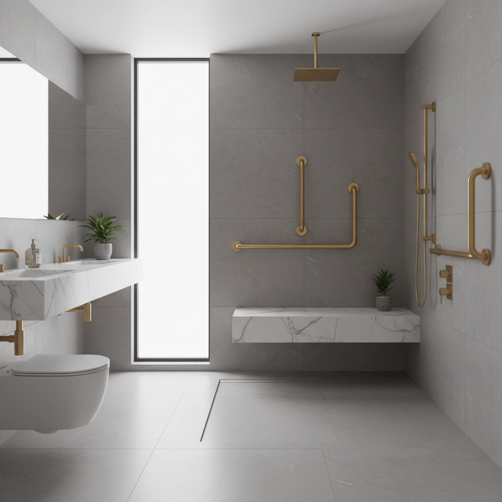 Modern bathroom with gray tiles, gold fixtures, and a large window. White marble sink and bench, plants add freshness. Minimalist design.