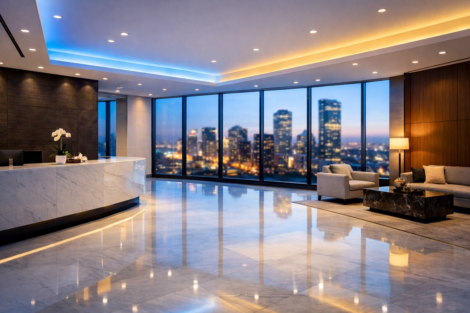 Clean luxury office lobby in Boston maintained by janitorial services Massachusetts.