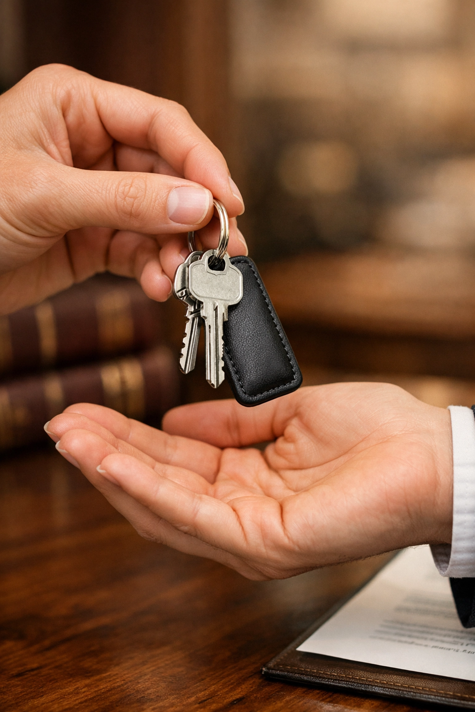 Close-up of a key handover ceremony finalizing a high-value property registration in India.
