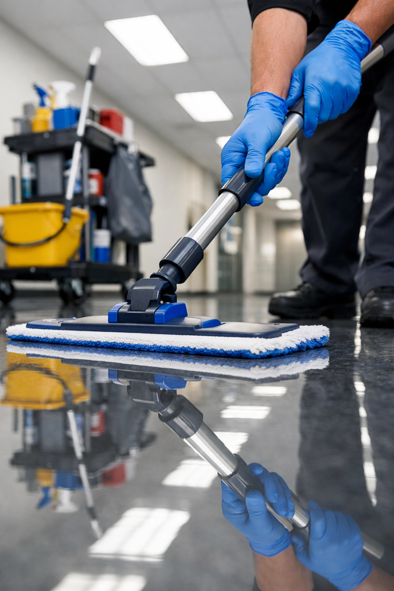 Professional janitorial service cleaning commercial office floors with microfiber mop