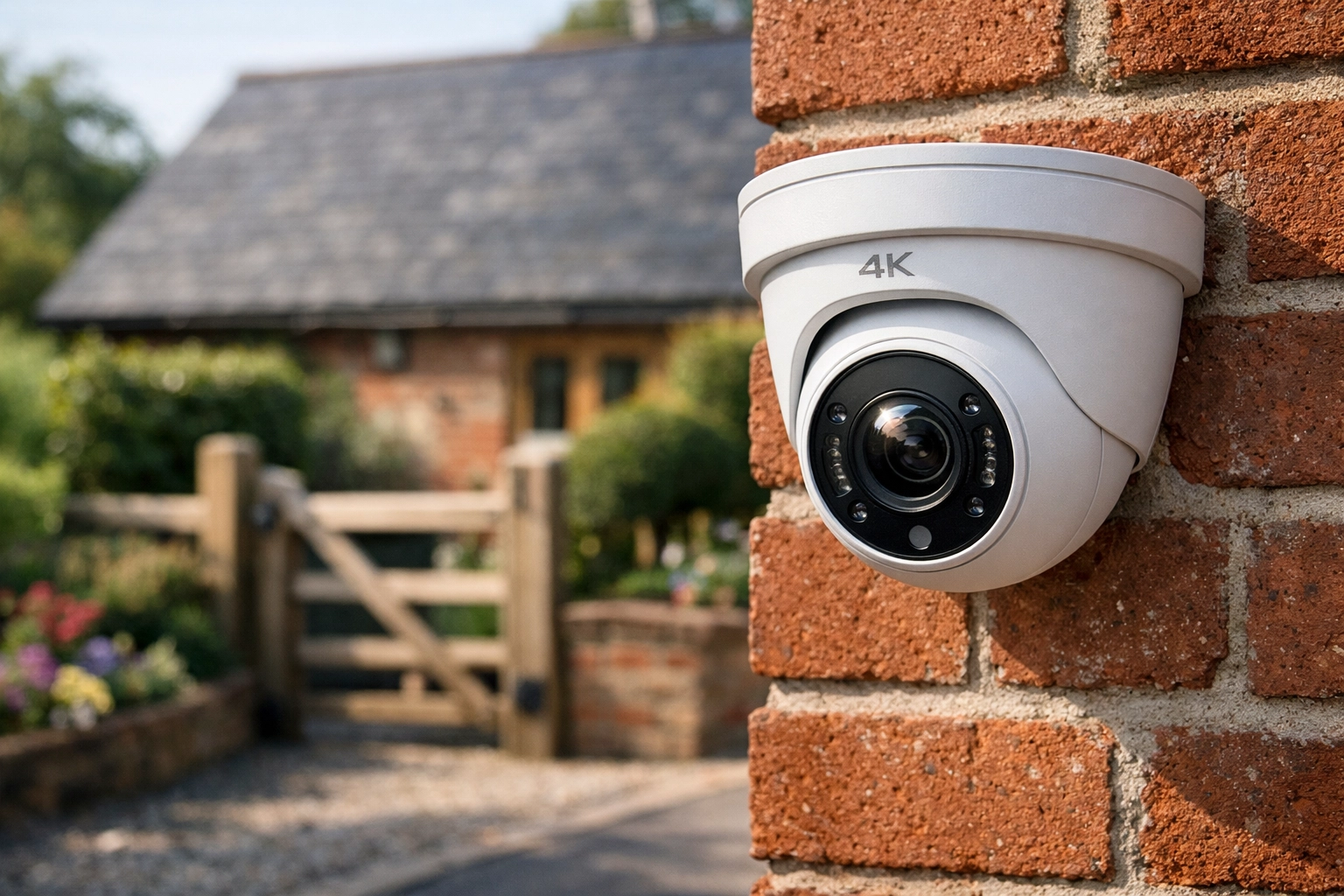 Professional 4K turret CCTV camera installed on a red-brick home in Taunton for garden security.