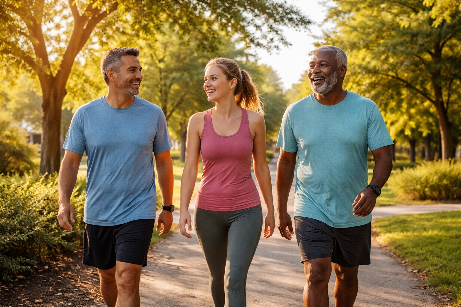 Diverse group walking together outdoors in the early morning, demonstrating the positive impact of morning exercise.