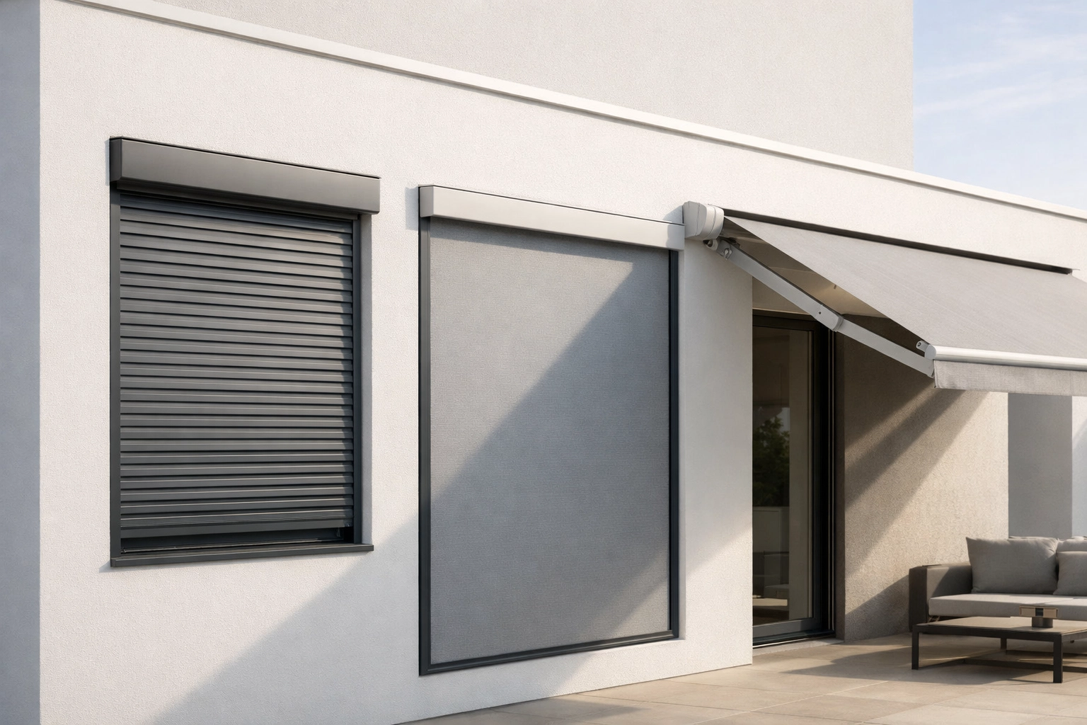 Moderne Fassade mit Rollladen, Zip Screen und Markise als smarter Sonnenschutz in Wien