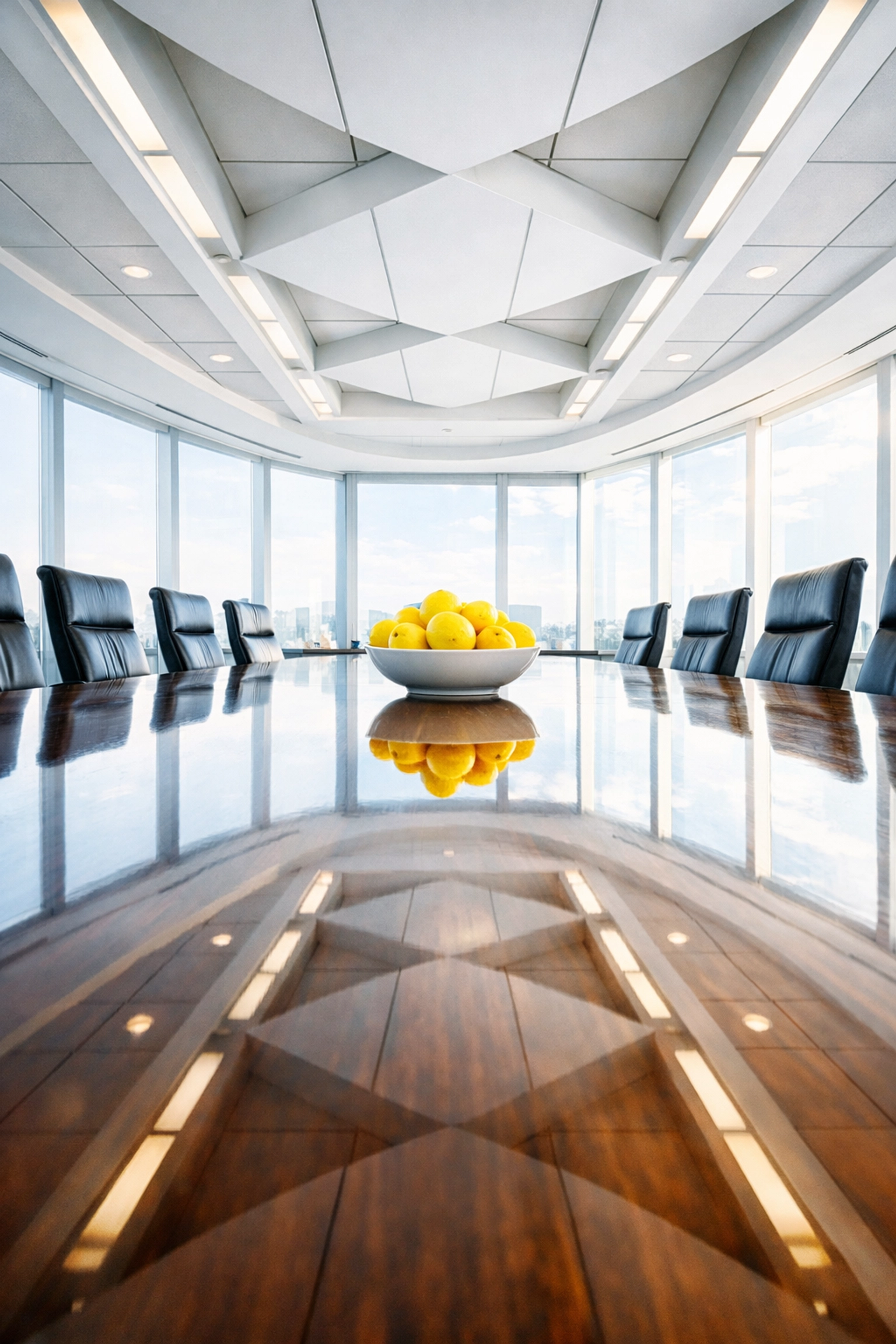 Polished wooden boardroom table showing the high standards of professional commercial cleaning in Cedar Falls.