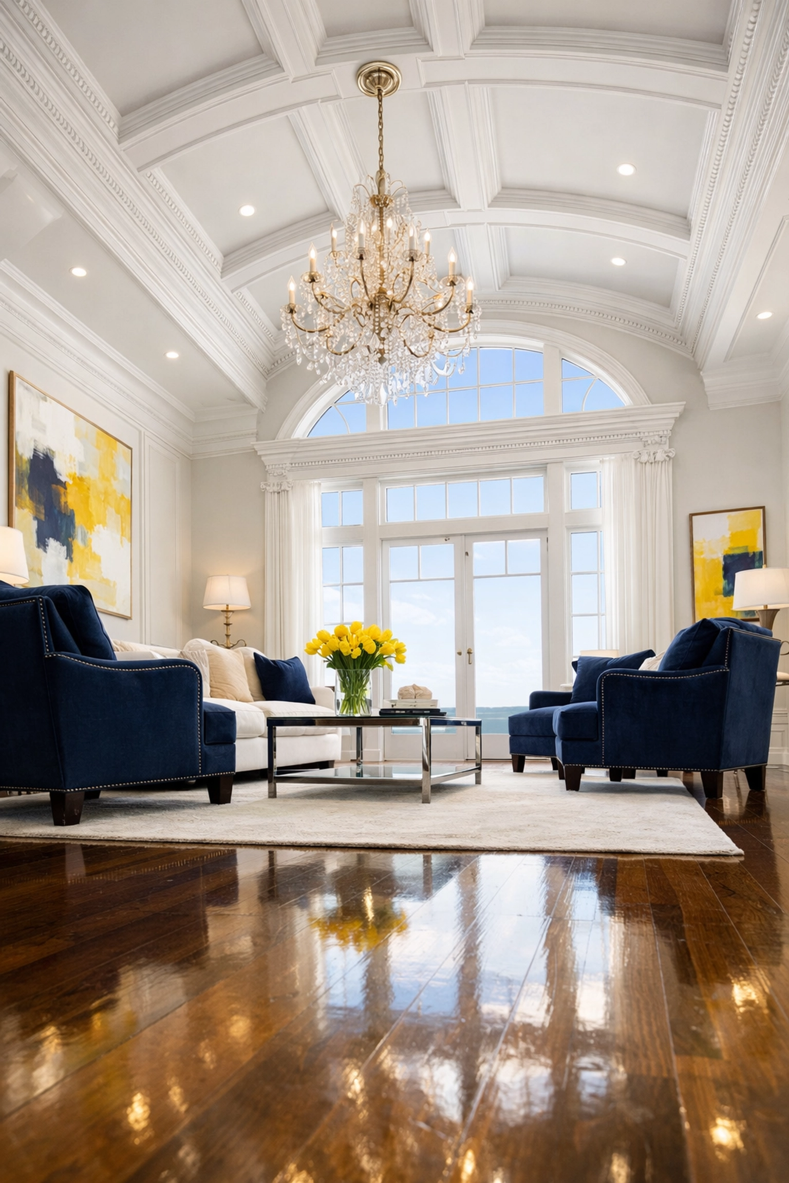 Pristine luxury living room in Swampscott MA featuring high ceilings and spotless hardwood floors.