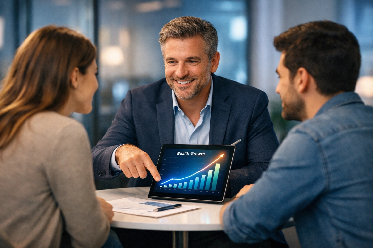 Financial advisor helping a young couple build wealth using digital tools in 2026.
