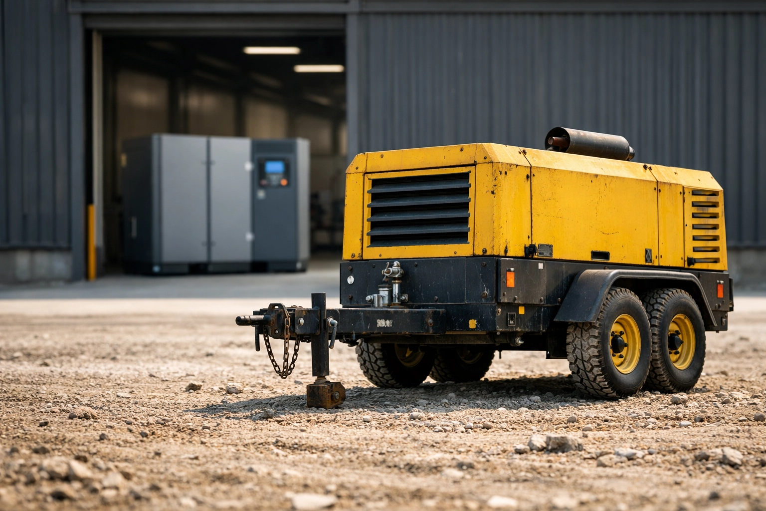 Mobile diesel air compressor operating on a gravel job site.