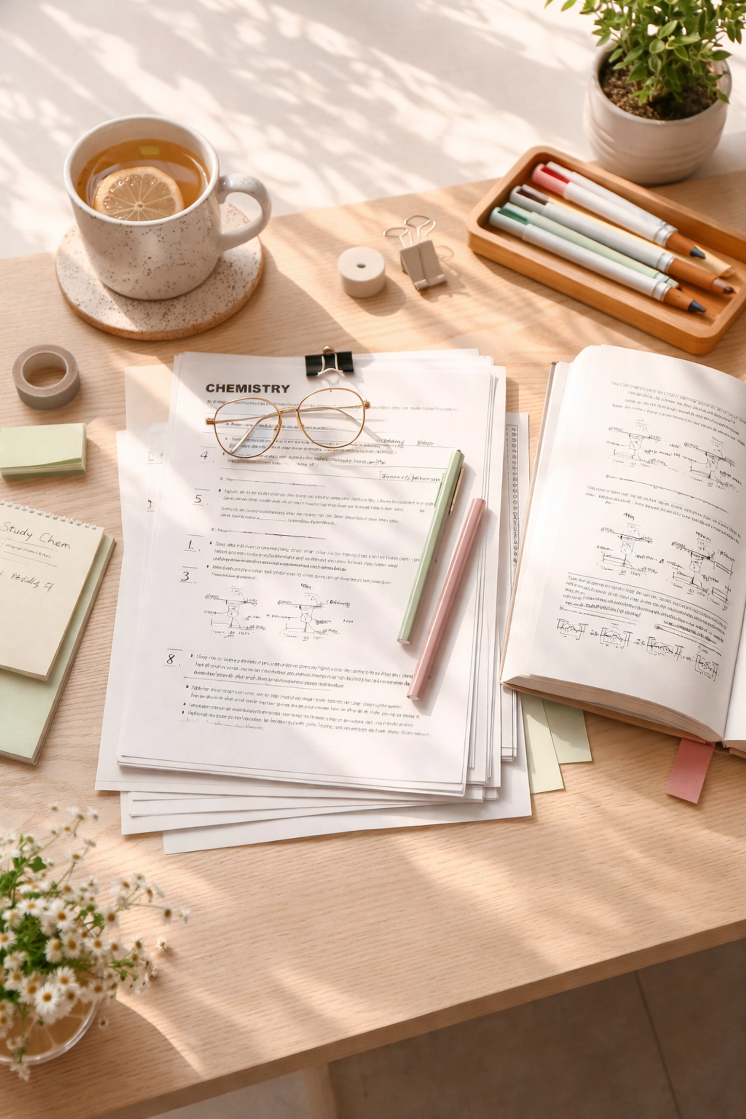 Organized study session with Chemistry Olympiad past papers, textbook, and highlighters showing exam preparation success