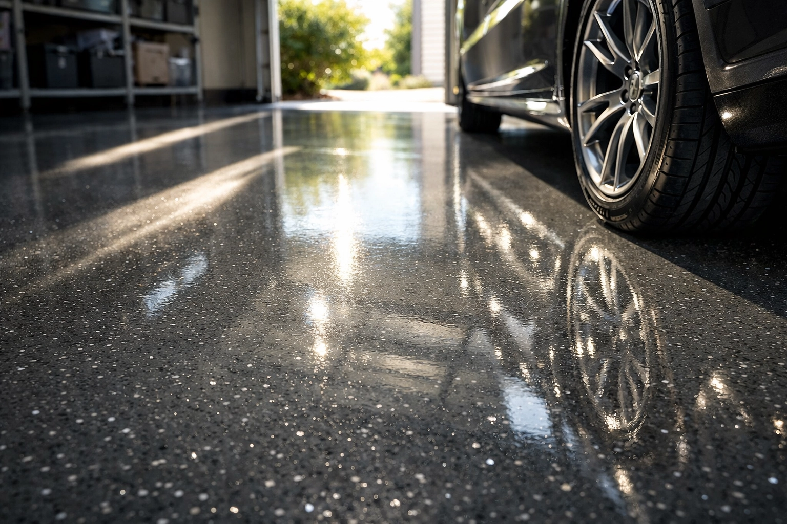 Glossy polyaspartic garage floor coating in Brandon MS with metallic flakes