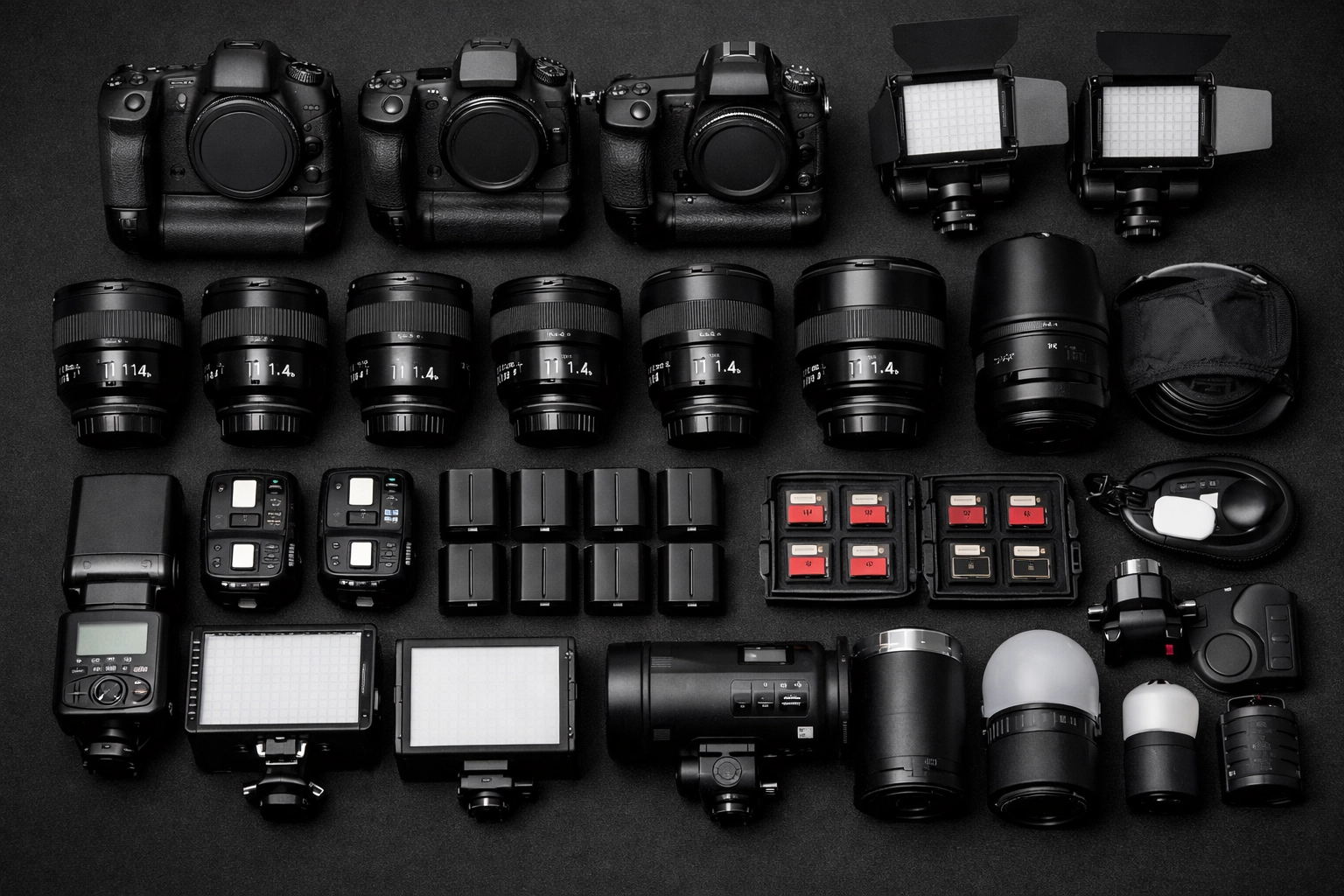 Professional conference photography equipment including cameras, lenses, and lighting gear