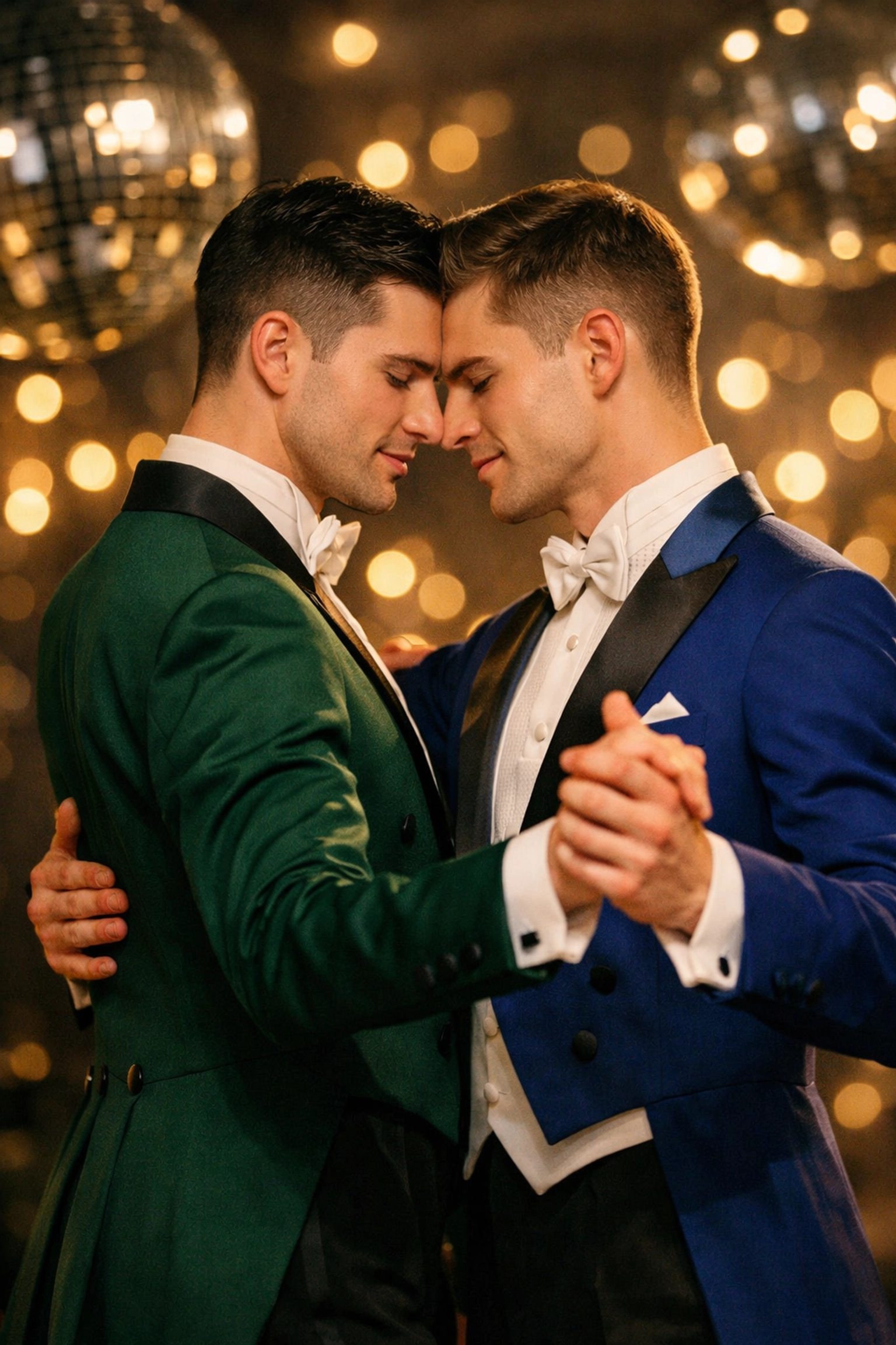 Male ballroom dance couple in elegant waltz pose for gay romance competition story