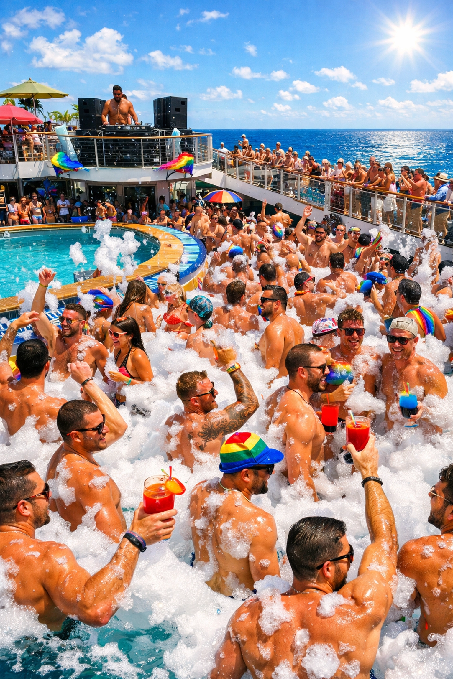 LGBTQ+ foam party on cruise ship pool deck with tropical ocean views