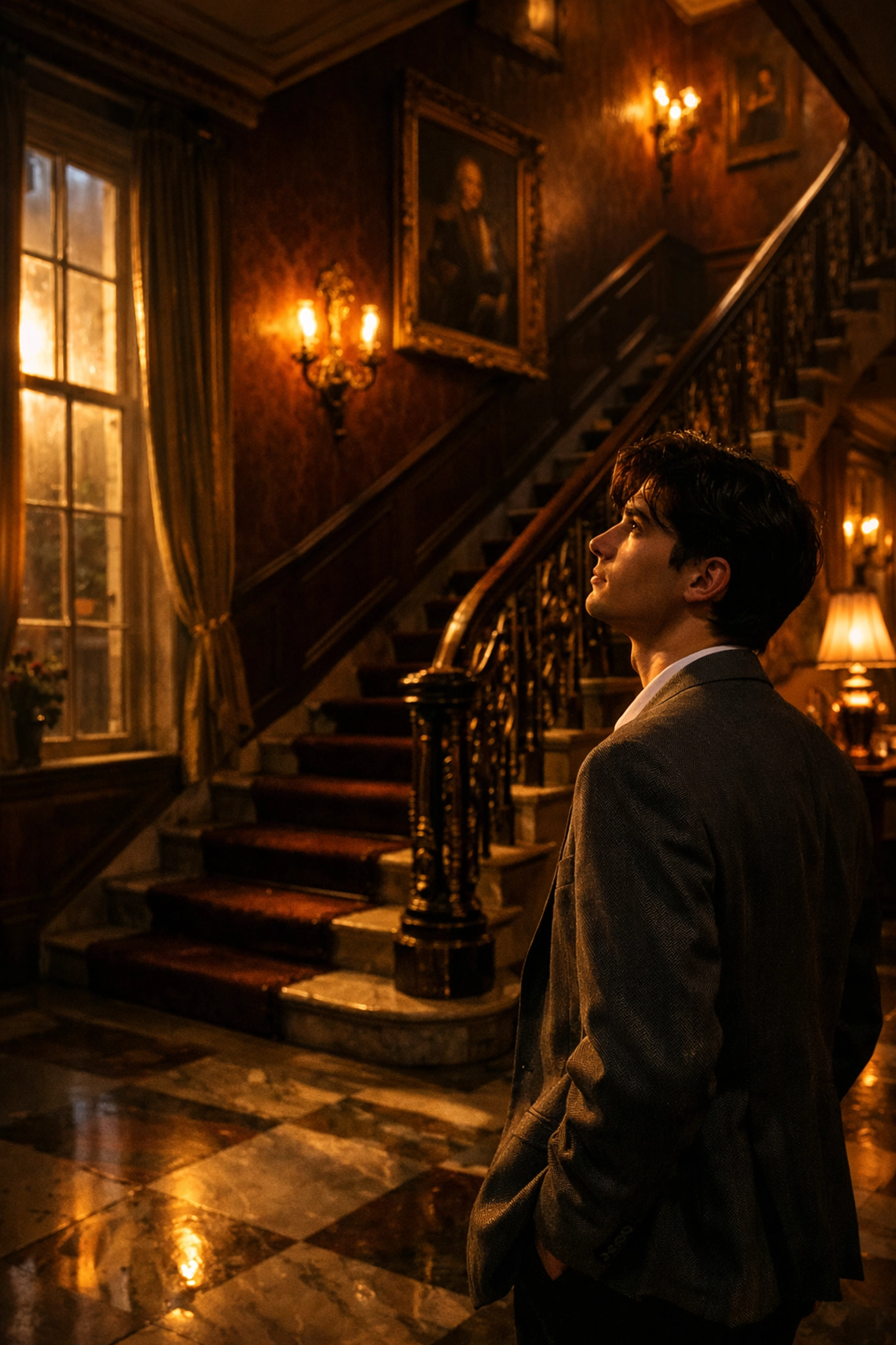 Young gay man in 1980s London townhouse depicting The Line of Beauty's themes of class and desire