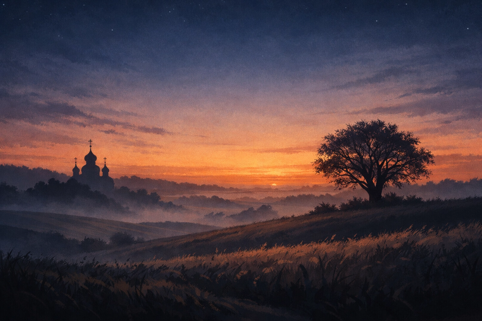 Ukraine landscape silhouette at twilight showing resilience after four years of war