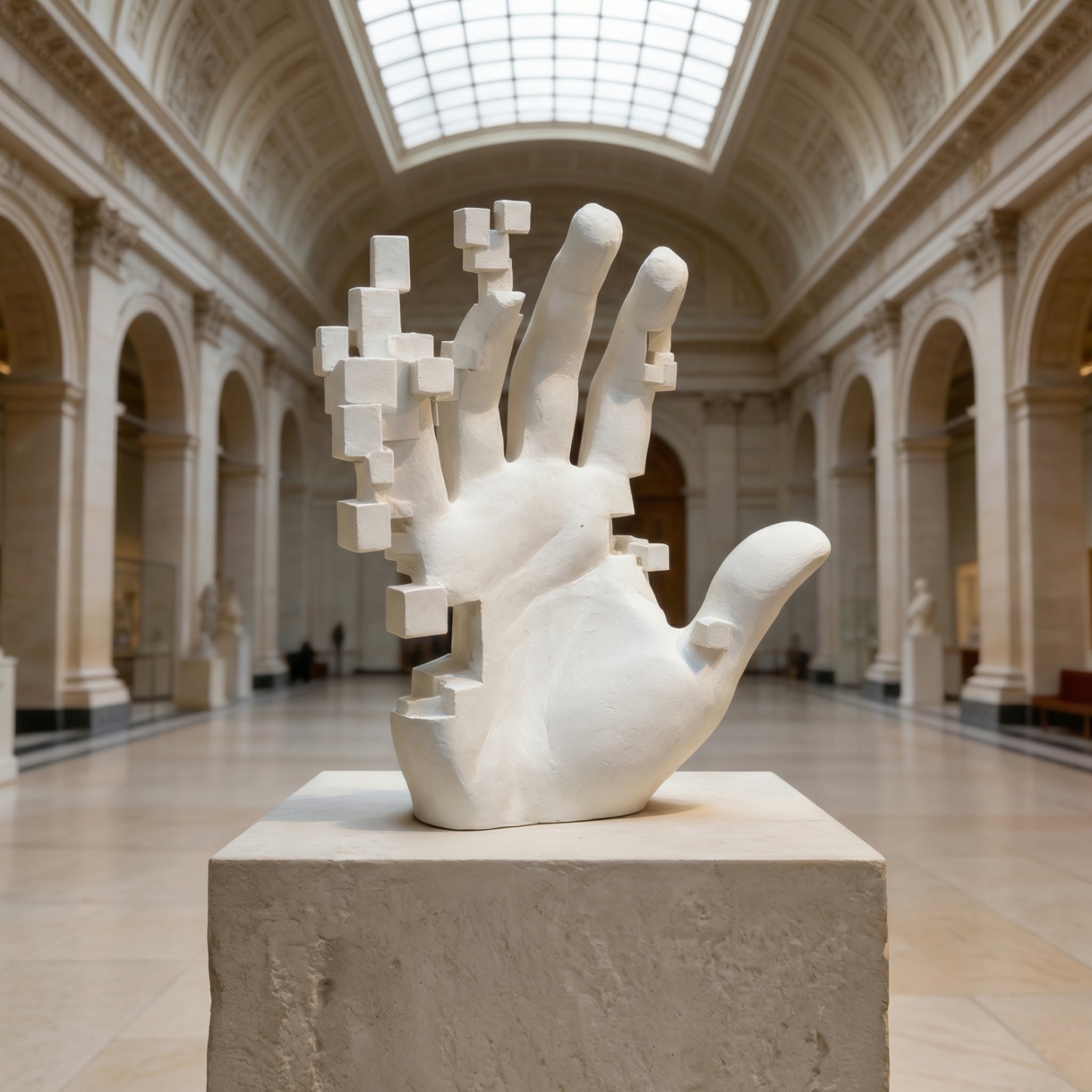 Modern sculpture from the Silk Road Art Collection A white marble hand with geometric, cubic segments dissolving into space, displayed in an elegant gallery setting. The piece reflects a blend of timeless sophistication and contemporary artistry.