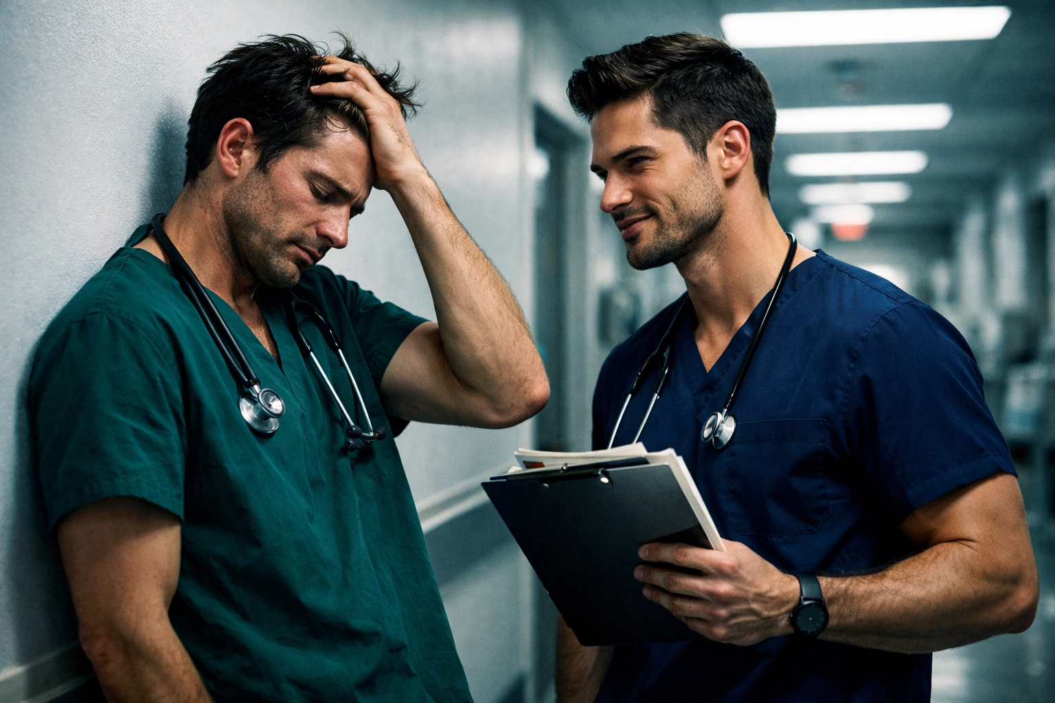 Male resident and nurse sharing a tense, romantic look in a hospital hallway during a shift.