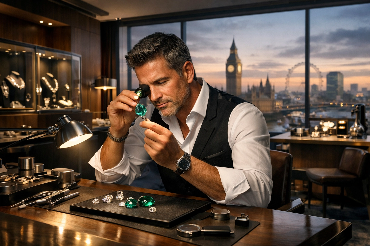 Luxury jeweler examining rare emerald in exclusive London atelier