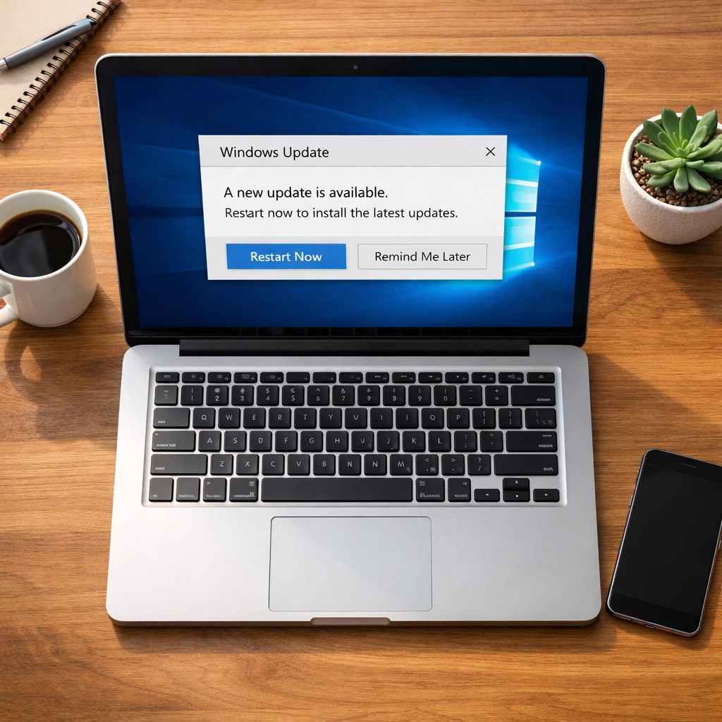 Home office desk with laptop showing Windows update notification reminder pop-up