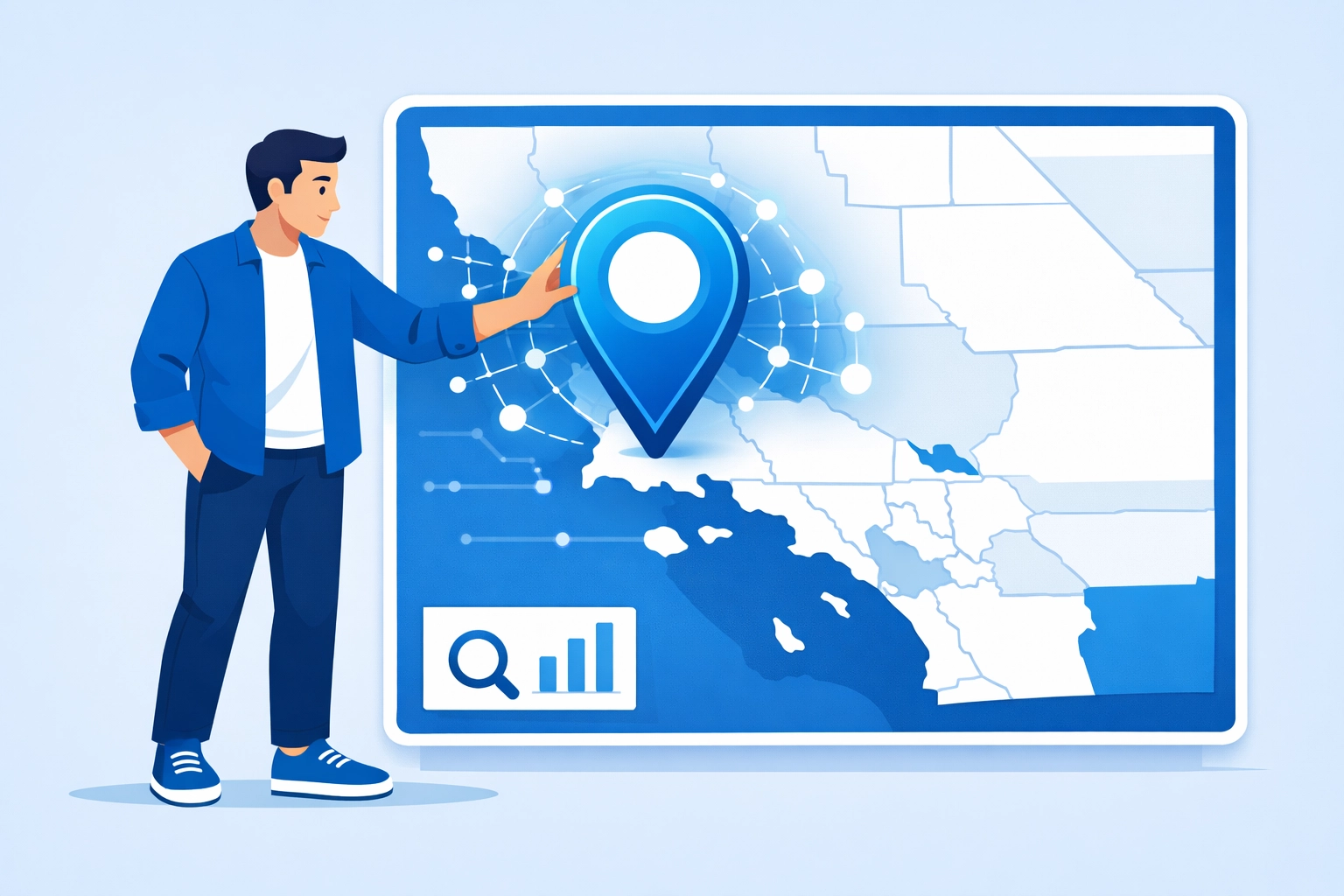 Illustration of a professional pinning a location on a Monmouth County map for targeted local SEO services.