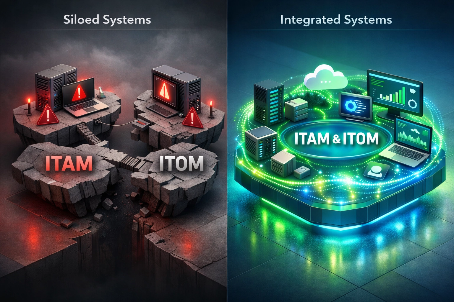 ServiceNow ITAM and ITOM integration comparison showing siloed versus connected systems
