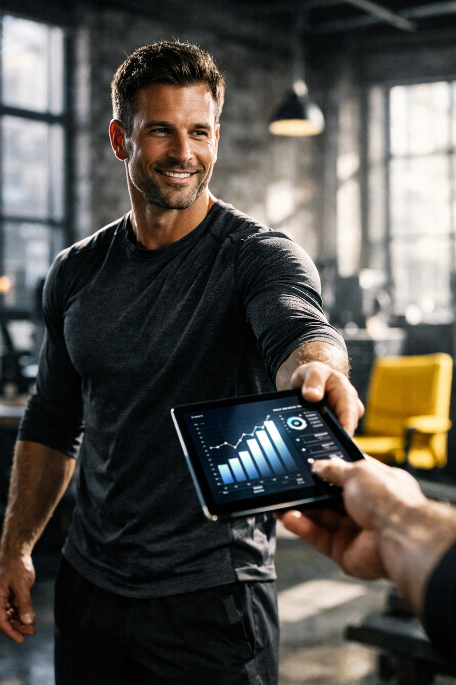 Fitness entrepreneur sharing business growth metrics on a tablet with a team member for system scaling.