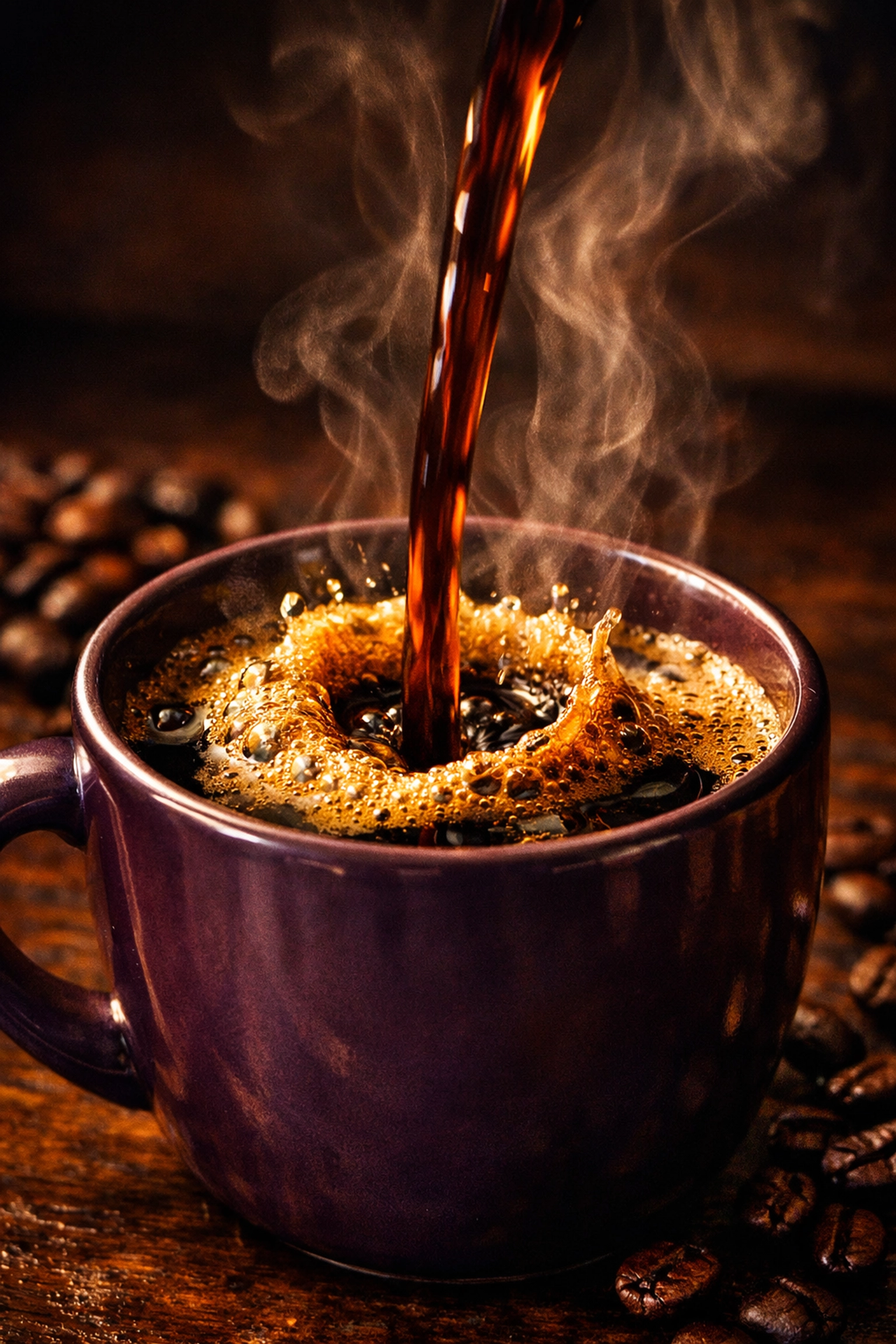 Fresh roasted coffee beans pouring into a luxury mug with golden crema, highlighting a gourmet at-home coffee experience.