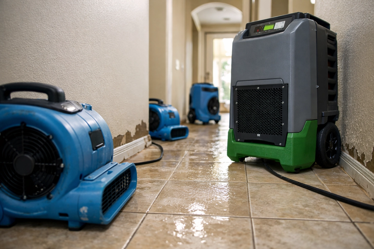Commercial air movers drying out water damage during fire damage restoration in Venice FL.