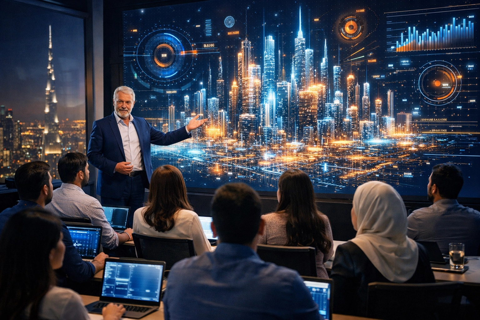 Students in an AI course in Dubai learning data science from an expert mentor in a modern classroom