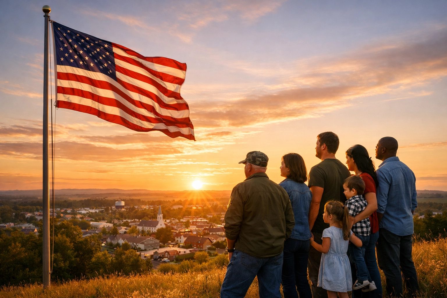 Why Reading My Daily CEO Letter Will Change the Way You Lead Your Community Diverse citizens standing by an American flag overlooking a town, representing unity and leadership.