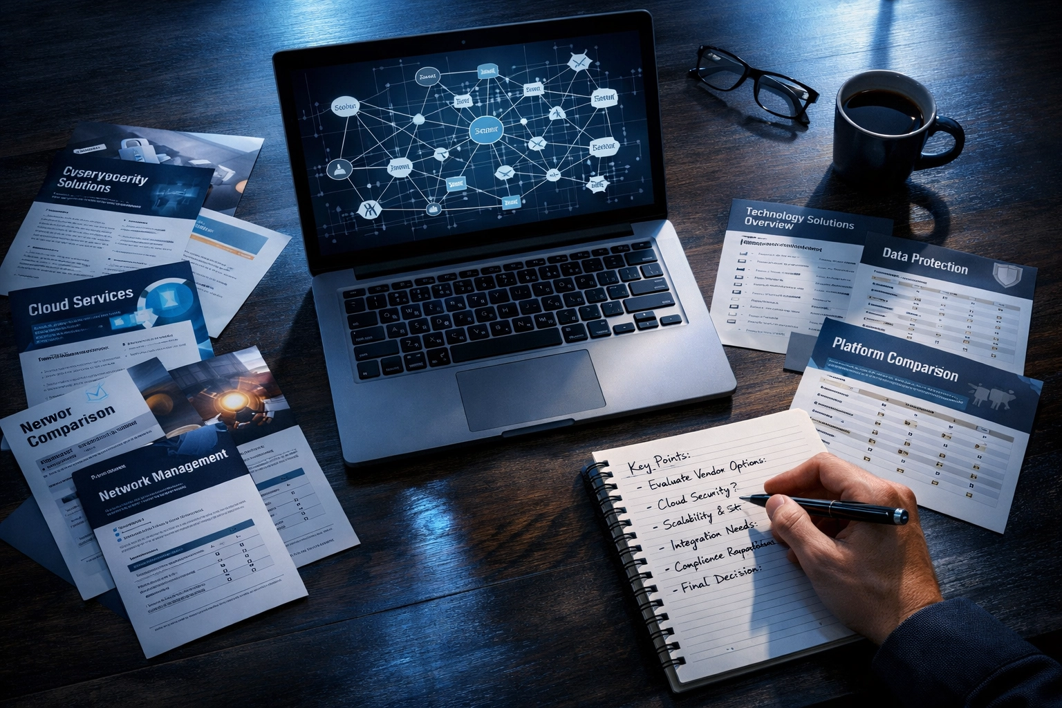 Business meeting table with laptop, vendor brochures, and notes for phone system evaluation