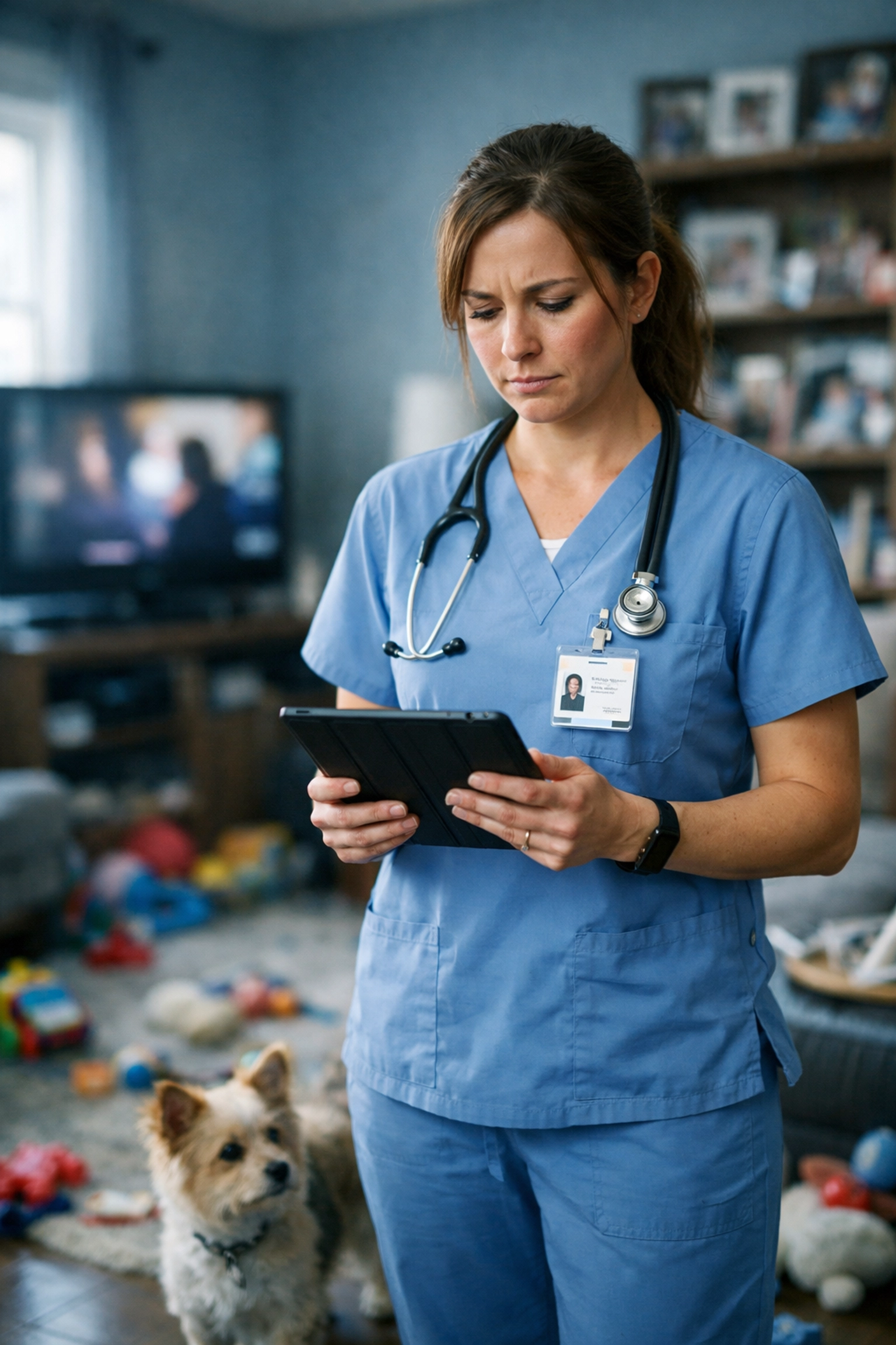 Home health nurse documenting on tablet in chaotic patient living room with distractions