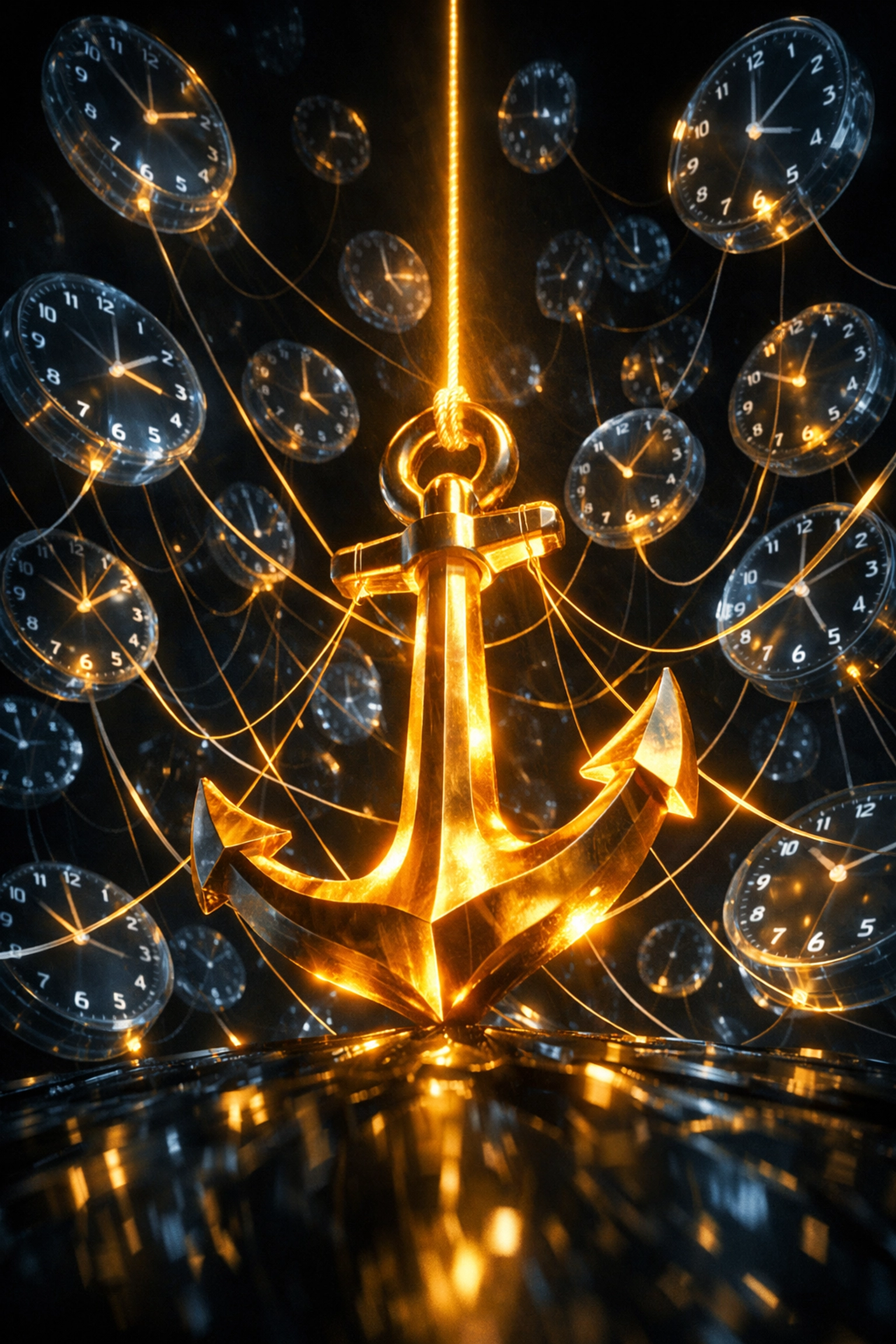 A symbolic golden anchor connecting world clocks to represent the UTC global time zone standard.