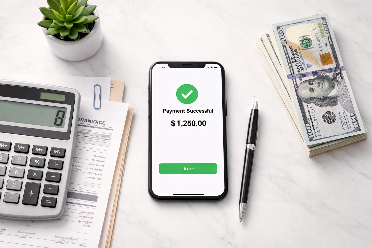 Overhead view of a desk with smartphone payment confirmation, bills, and calculator for extension to pay taxes