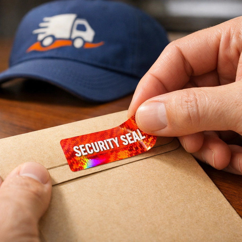 Applying a security seal to a document for bank courier service to ensure chain of custody.