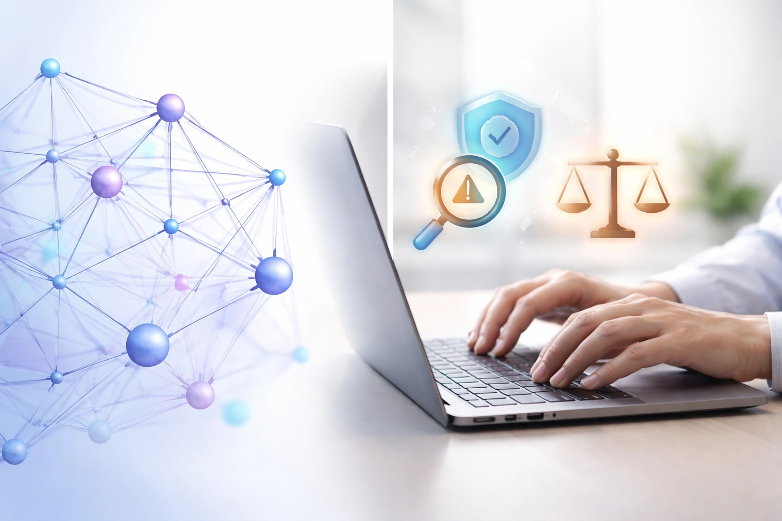 Visualization of the AI management lifecycle with laptop, icons for risk, security, and ethics representing ISO 42001 standards