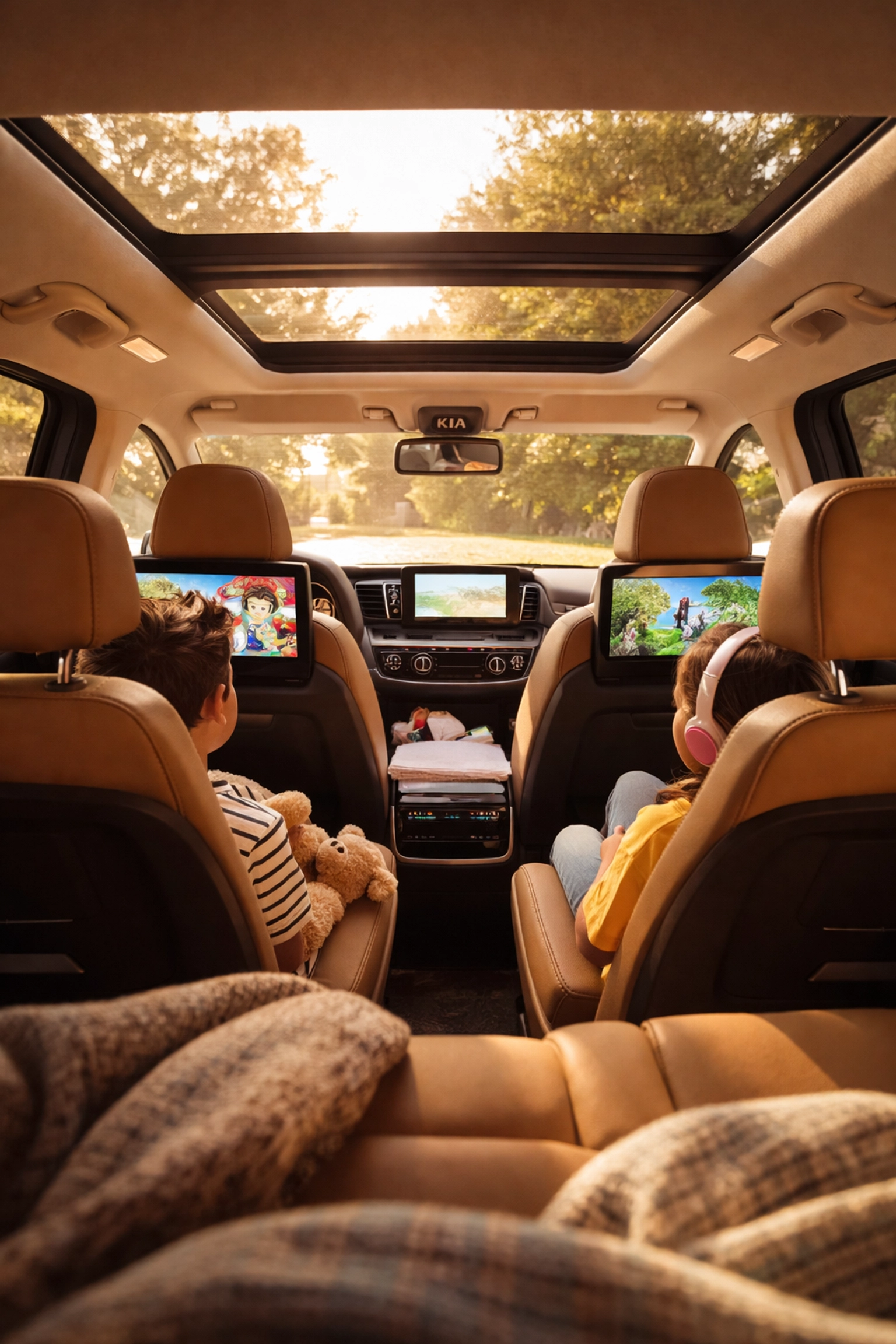 Inside Kia Carnival, two kids enjoy rear entertainment system and sunroofs, highlighting cabin space and features.