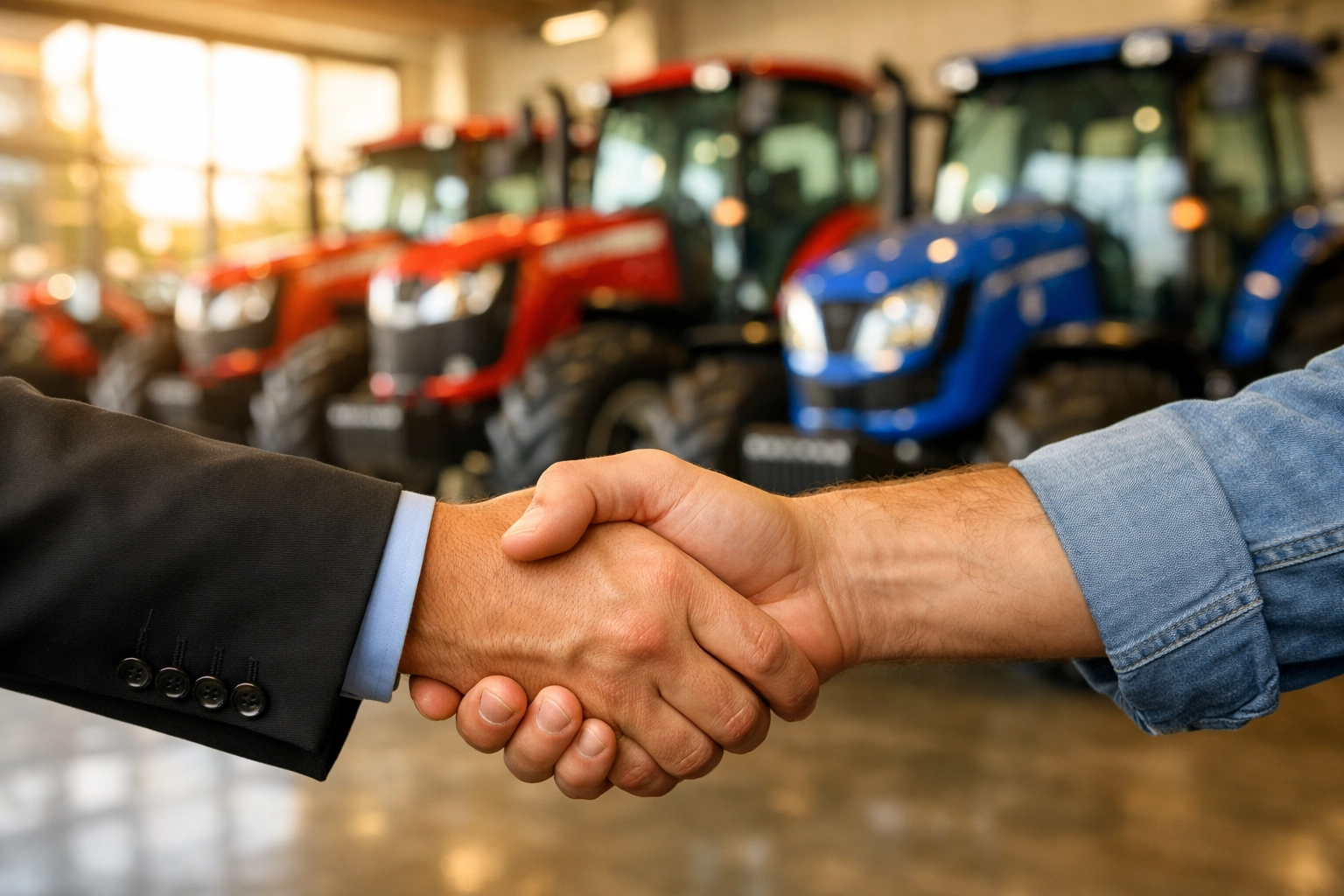 Customer shaking hands with Florida tractor dealer at dealership showroom