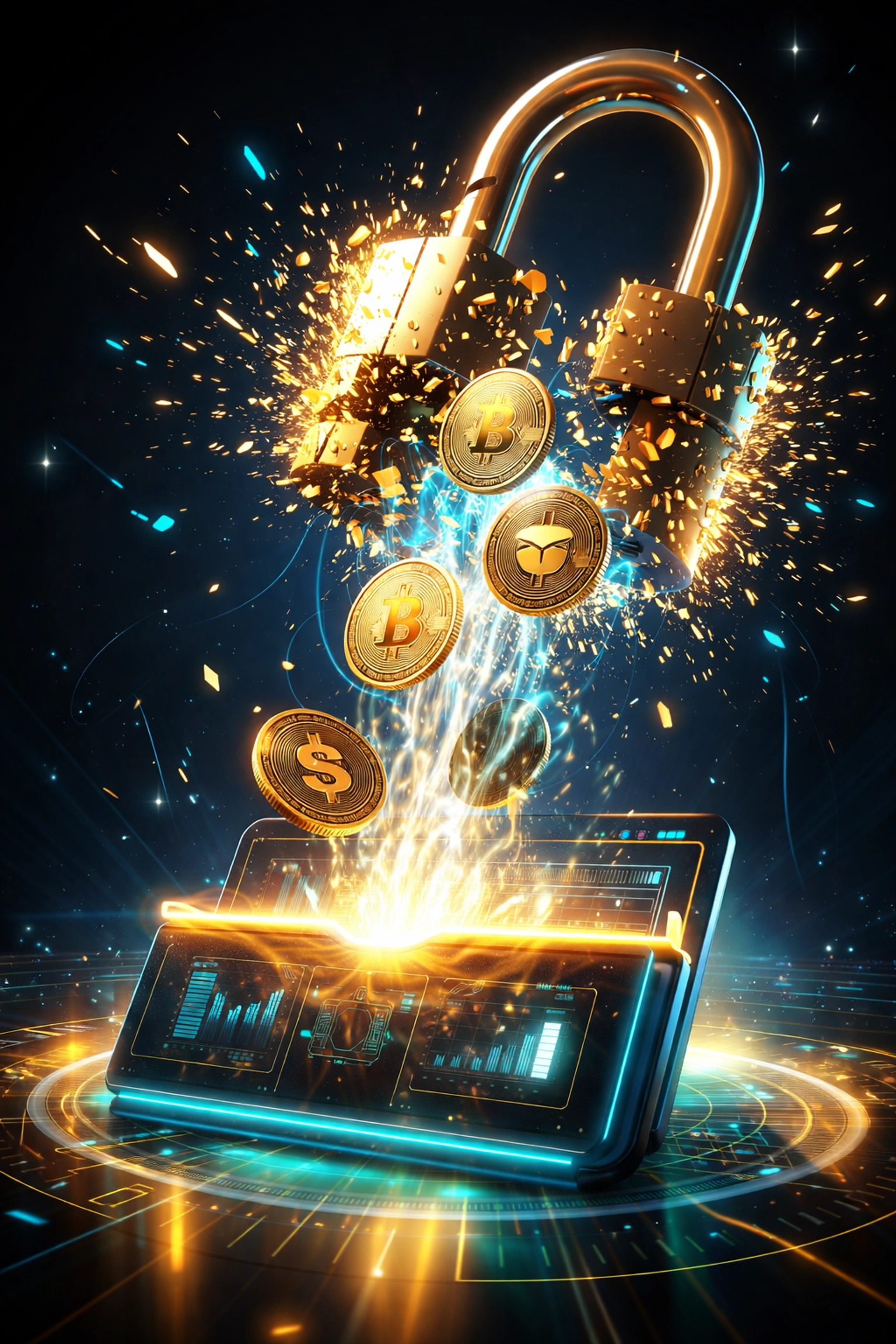Golden padlock breaking with cryptocurrencies flowing into a digital wallet, symbolizing self-custody and fee savings for merchants