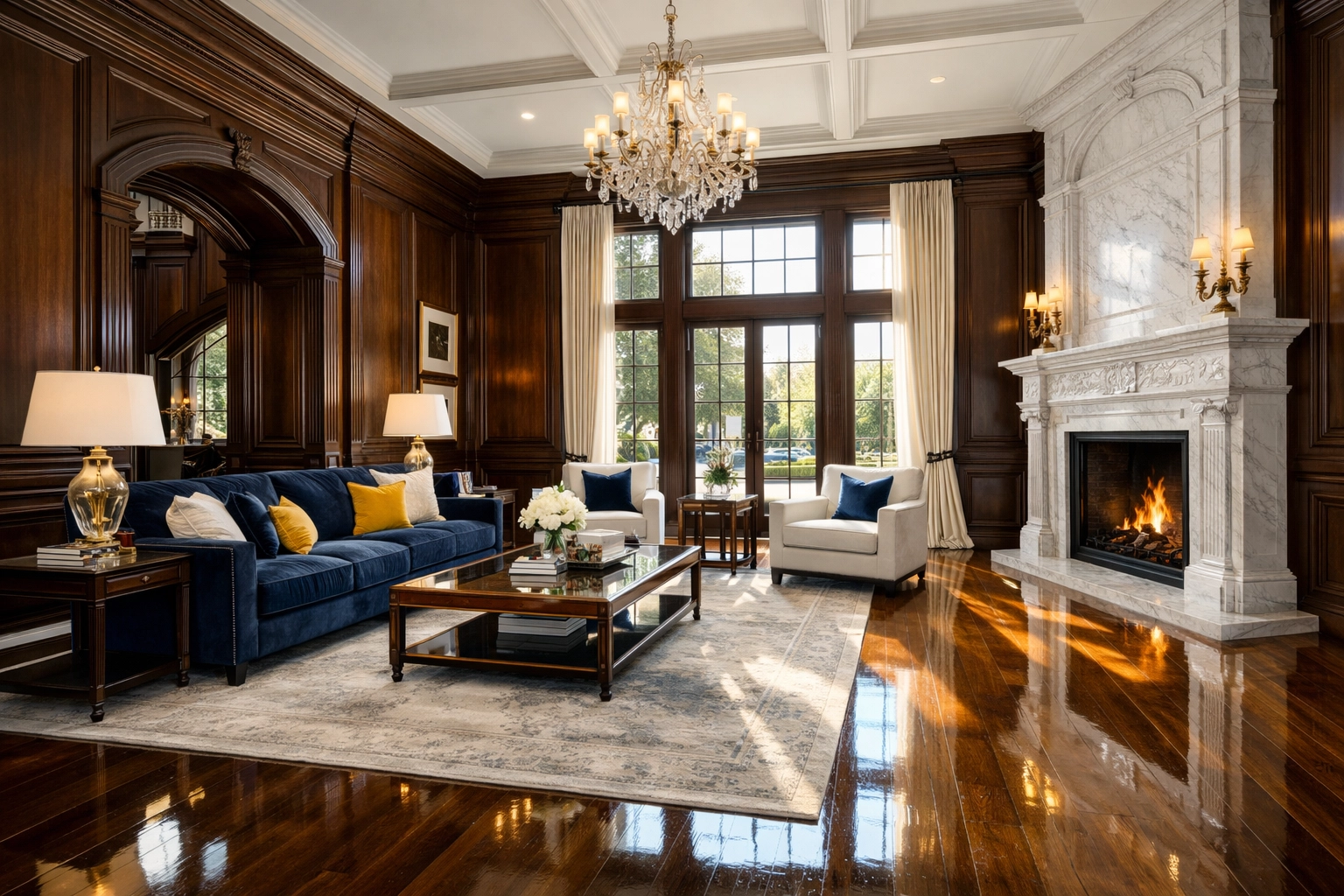 Immaculately clean living room in a Dover estate showing the high standards of residential cleaning Massachusetts.