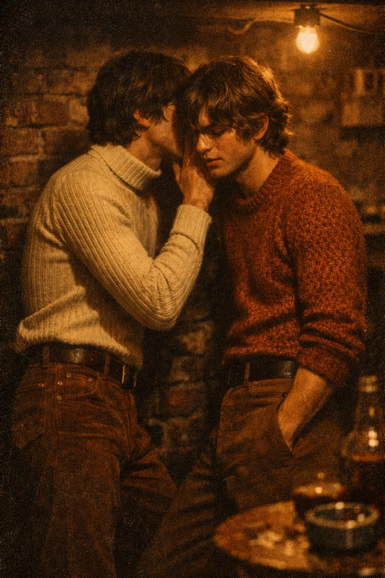Two men in 1970s fashion whisper in a Melbourne basement, a scene for historical MM romance books.