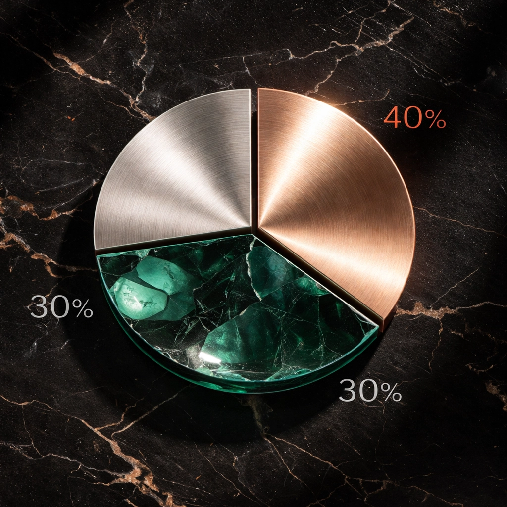 Elegant pie chart visually representing a balanced 40/30/30 portfolio allocation with equities, fixed income, and alternatives.