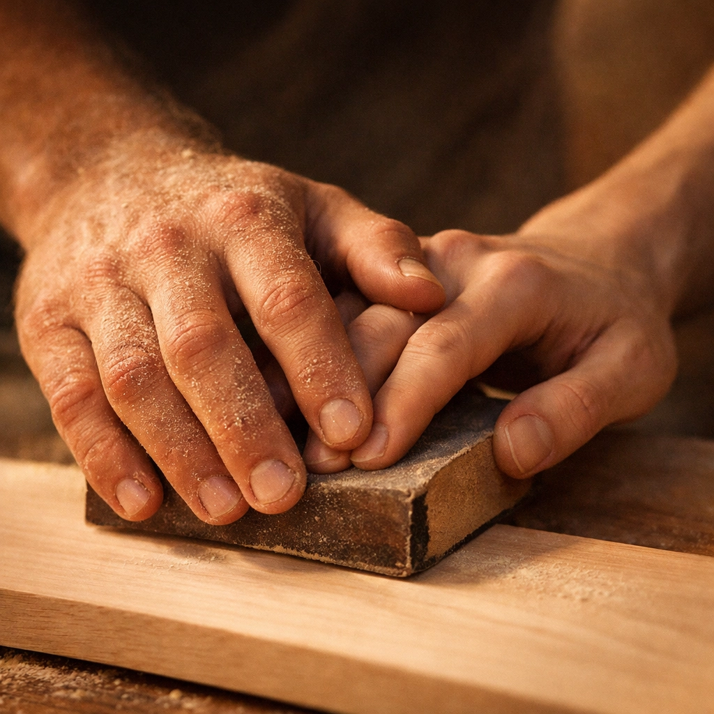 Two men's hands touching while working with wood, representing the intimate side of MM romance.
