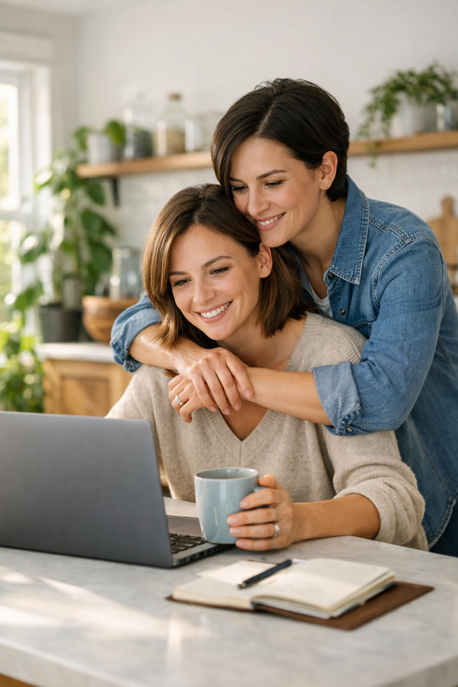 An established lesbian couple planning their future together, illustrating long-term queer relationship milestones.