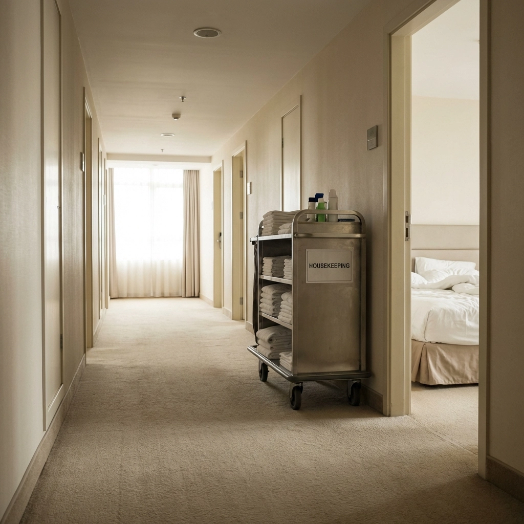Empty hotel hallway with unattended housekeeping cart highlights staff shortage challenges in hospitality industry
