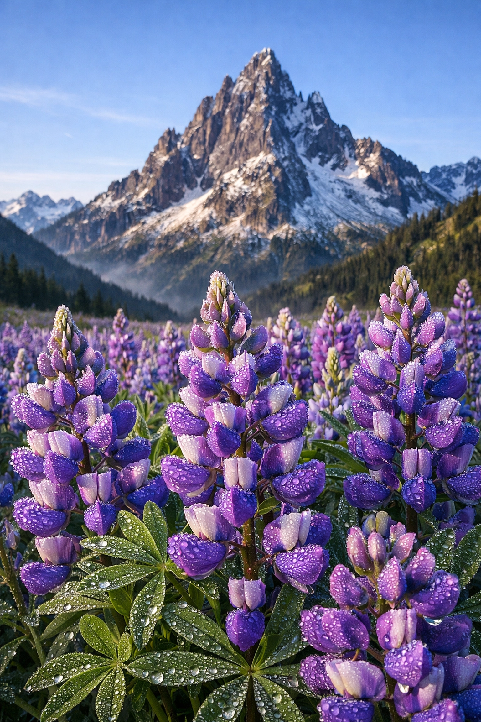 Sharp wildflowers and distant peaks showing depth of field and focus landscape photography tips.