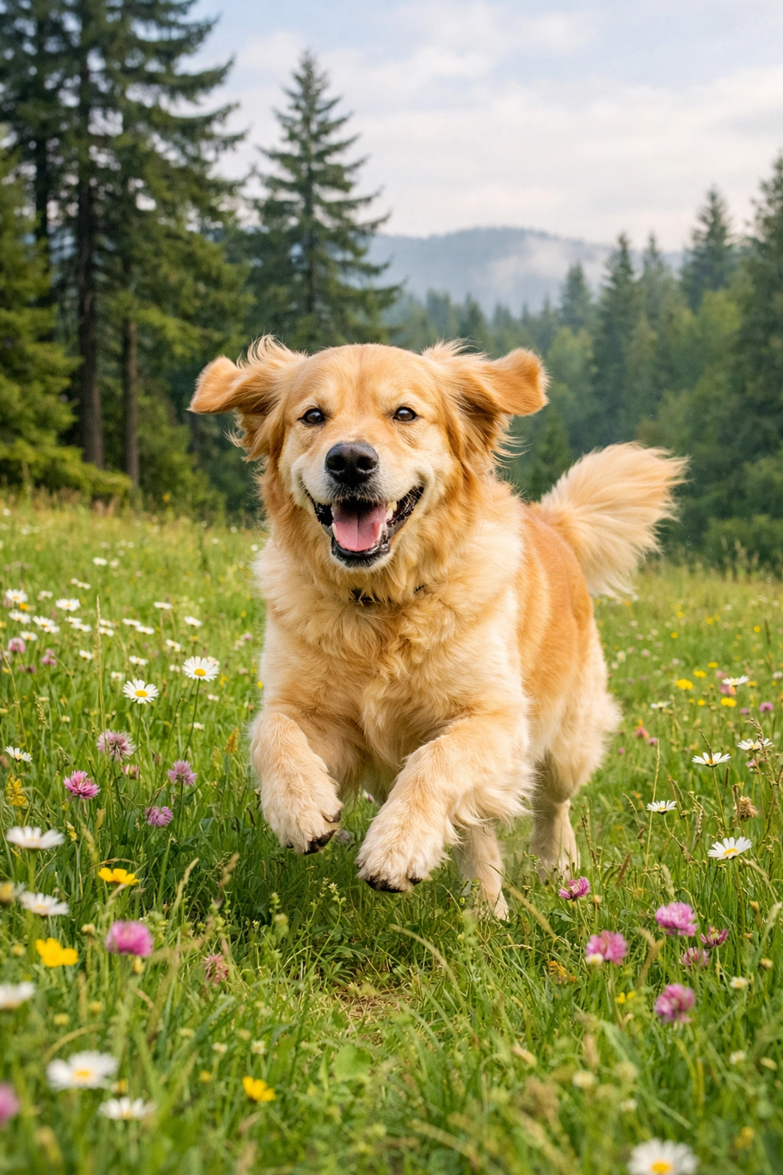 Healthy Golden Retriever running through Oregon meadow