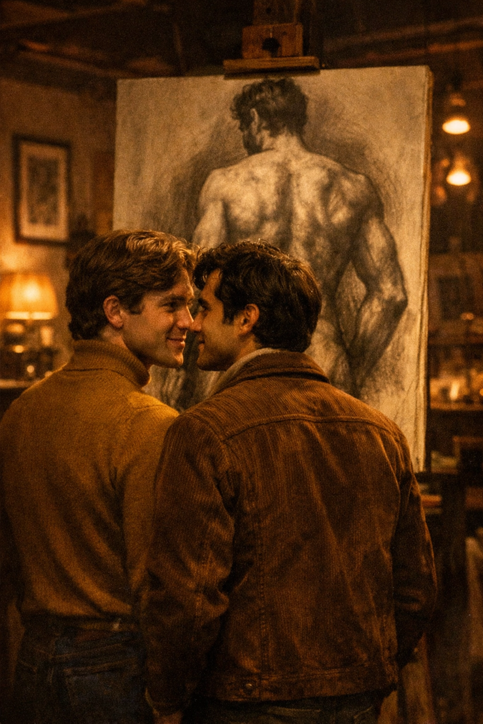 Men viewing a male nude sketch in a vintage 1970s gallery, reflecting early queer art and gay literature themes.