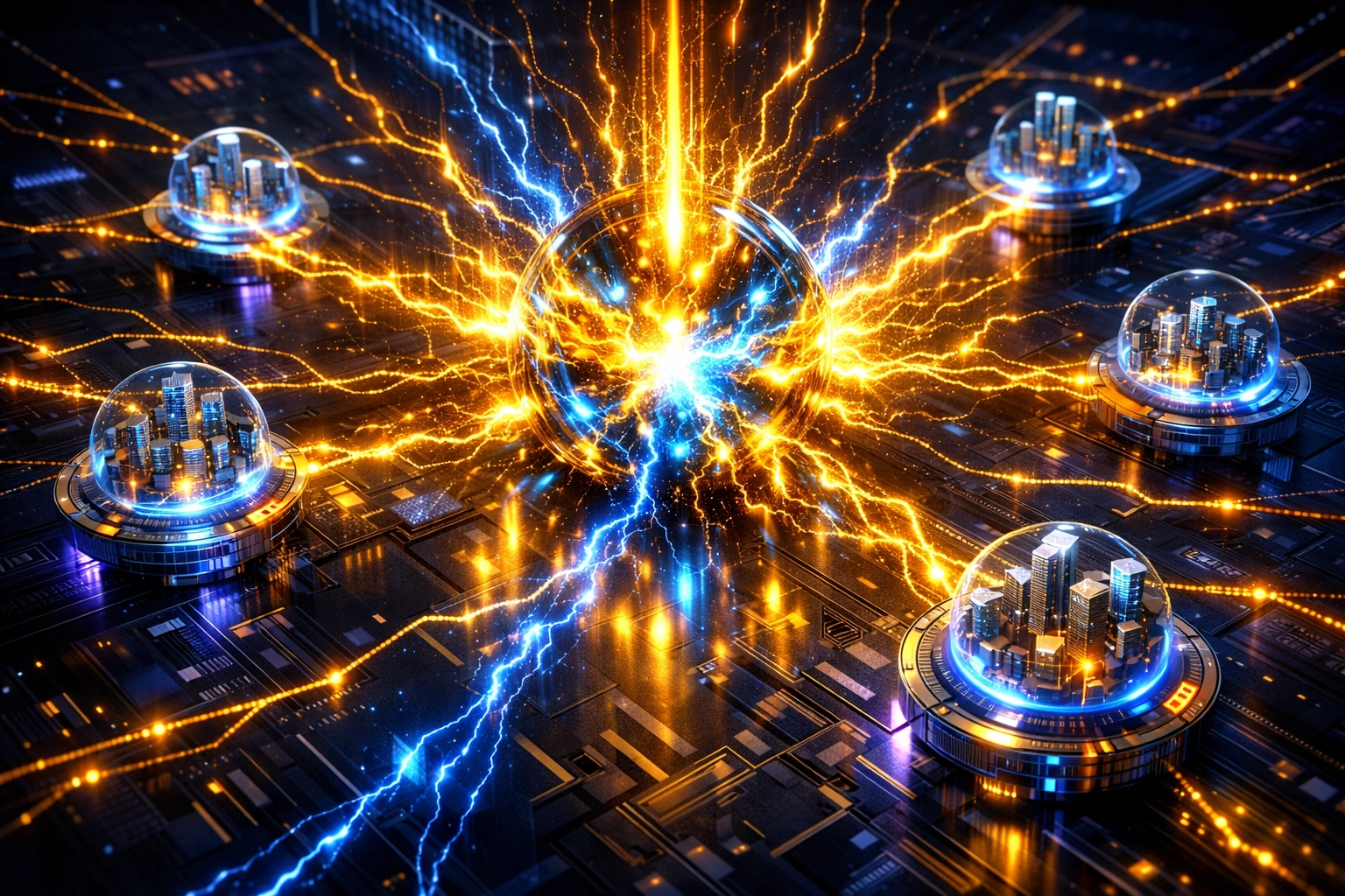 Futuristic AI interface visualizing intelligent payment routing and secure Web3 data streams for global merchants.