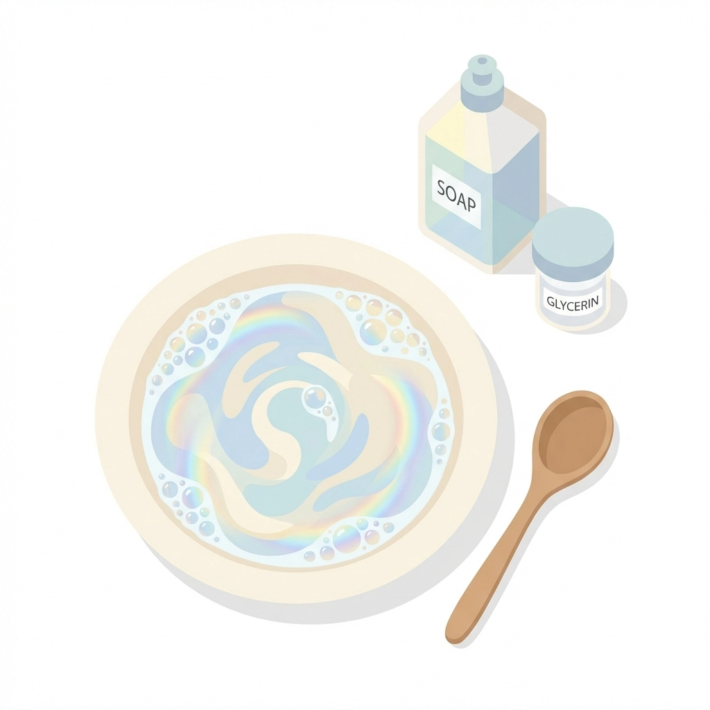 Homemade bubble solution in a shallow dish with dish soap and glycerin bottles beside it