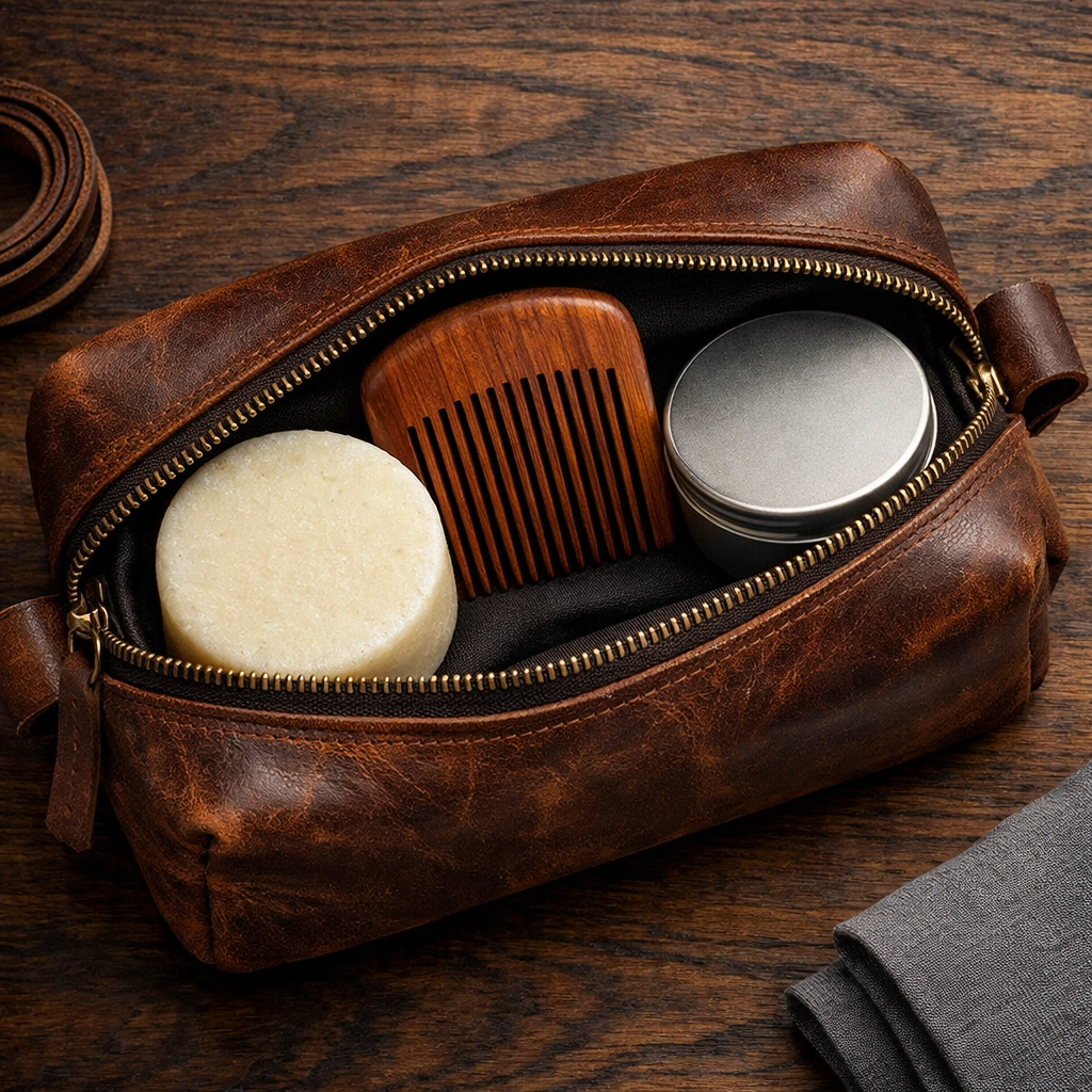 Travel-friendly solid beard wash bar in a leather dopp kit highlighting its high-performance portability.